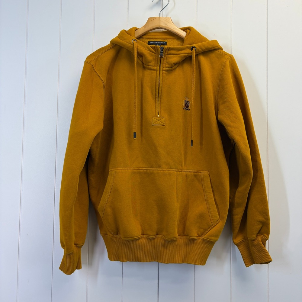 Fahrenheit Embroidered Crest Quarter Zip Hoodie Men Large Mustard Streetwear